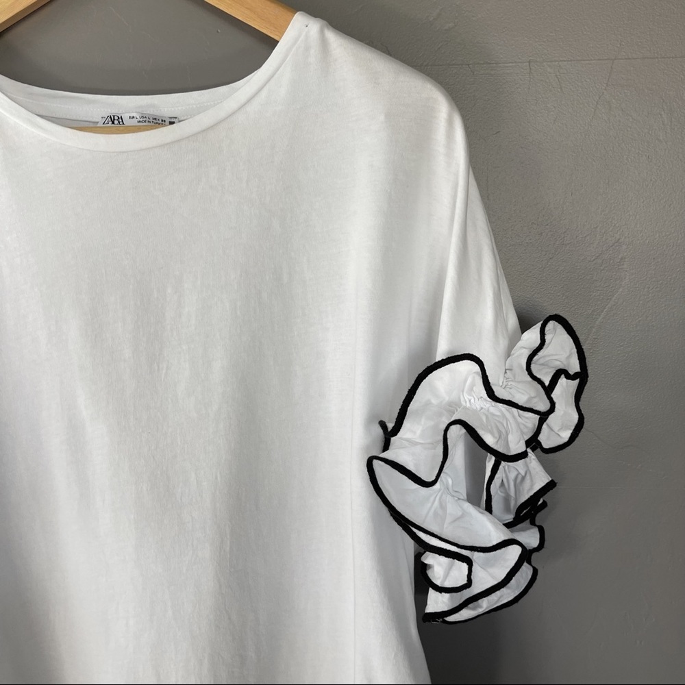 ZARA white top ruffle sleeve with black piping